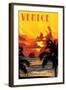 Venice, Florida - Sunset and Ship-Lantern Press-Framed Art Print