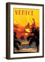 Venice, Florida - Sunset and Ship-Lantern Press-Framed Art Print