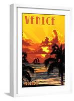 Venice, Florida - Sunset and Ship-Lantern Press-Framed Art Print