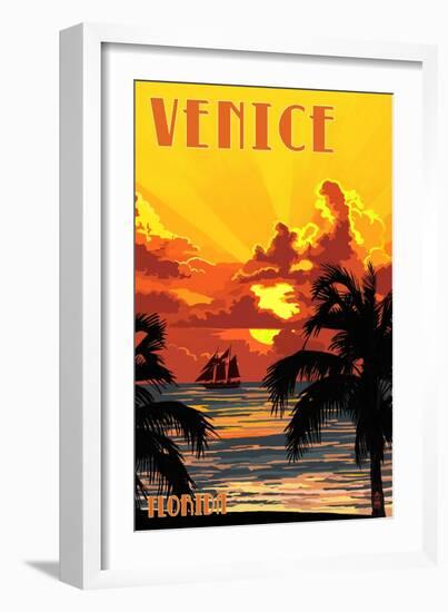 Venice, Florida - Sunset and Ship-Lantern Press-Framed Art Print