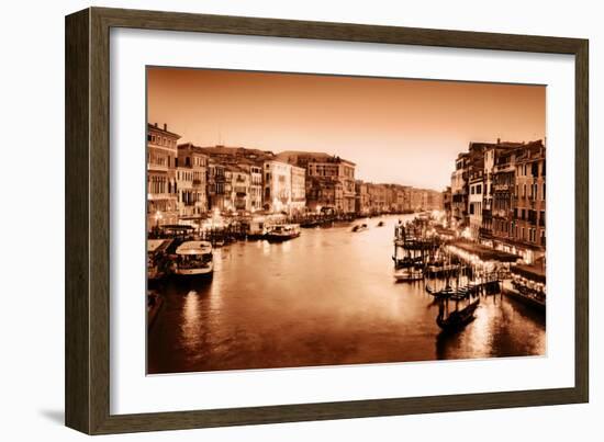 Venice, Italy. Gondola Floats on Grand Canal, Italian Canal Grande at Sunset. View from Rialto Brid-Michal Bednarek-Framed Photographic Print