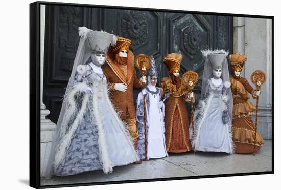 Venice, Italy. Mask and Costumes at Carnival Gathering-Darrell Gulin-Framed Stretched Canvas