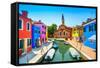 Venice Landmark, Burano Island Canal, Colorful Houses, Church and Boats, Italy-stevanzz-Framed Stretched Canvas