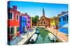 Venice Landmark, Burano Island Canal, Colorful Houses, Church and Boats, Italy-stevanzz-Stretched Canvas