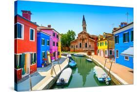 Venice Landmark, Burano Island Canal, Colorful Houses, Church and Boats, Italy-stevanzz-Stretched Canvas