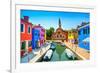 Venice Landmark, Burano Island Canal, Colorful Houses, Church and Boats, Italy-stevanzz-Framed Photographic Print