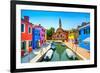 Venice Landmark, Burano Island Canal, Colorful Houses, Church and Boats, Italy-stevanzz-Framed Photographic Print