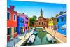 Venice Landmark, Burano Island Canal, Colorful Houses, Church and Boats, Italy-stevanzz-Mounted Photographic Print