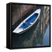 Venice Sense of Place. Blue and White Boat on Canal-Mike Burton-Framed Stretched Canvas