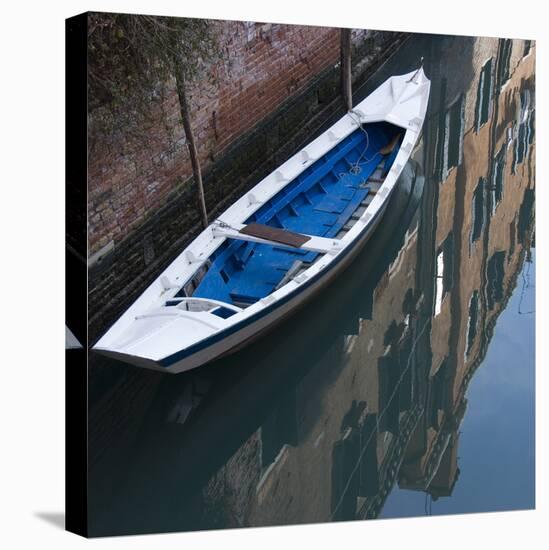 Venice Sense of Place. Blue and White Boat on Canal-Mike Burton-Stretched Canvas
