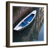 Venice Sense of Place. Blue and White Boat on Canal-Mike Burton-Framed Photographic Print