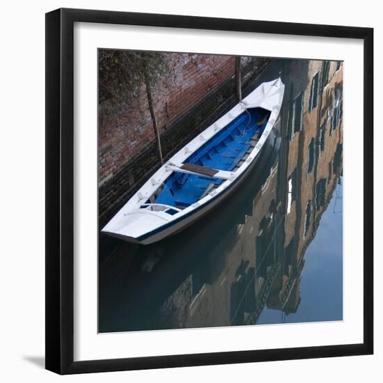Venice Sense of Place. Blue and White Boat on Canal-Mike Burton-Framed Photographic Print