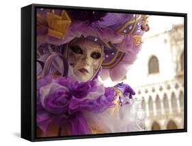 Venice, Veneto, Italy, a Masked Character in Front of the 'Palazzo Dei Dogi' During Carnival-Ken Scicluna-Framed Stretched Canvas