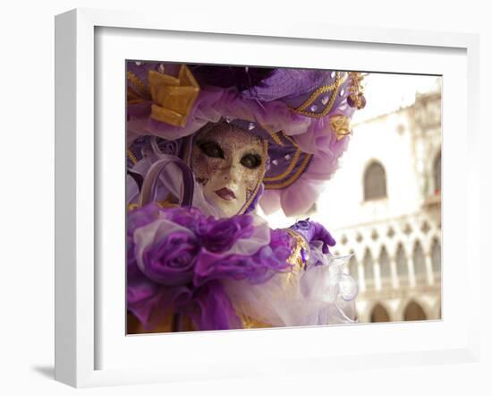 Venice, Veneto, Italy, a Masked Character in Front of the 'Palazzo Dei Dogi' During Carnival-Ken Scicluna-Framed Photographic Print