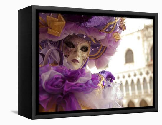 Venice, Veneto, Italy, a Masked Character in Front of the 'Palazzo Dei Dogi' During Carnival-Ken Scicluna-Framed Stretched Canvas