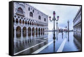 Venice, Veneto, Italy. High Water on San Marco Square and Palazzo Ducale on the Left.-ClickAlps-Framed Stretched Canvas