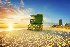 Miami South Beach Sunrise with Lifeguard Tower and Coastline with Colorful Cloud and Blue Sky.-ventdusud-Photographic Print