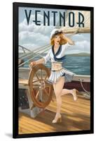 Ventnor, New Jersey - Pinup Girl Sailing-Lantern Press-Framed Art Print