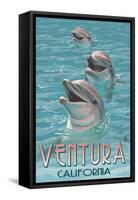 Ventura, California - Dolphins-Lantern Press-Framed Stretched Canvas