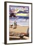 Ventura, California - Surfing Beach Scene-Lantern Press-Framed Art Print