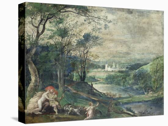 Venus and Adonis in Wooded Landscape Near Beersel Castle-Niederländischer Meister-Stretched Canvas