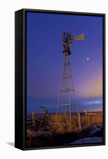 Venus and Jupiter are Visible Behind an Old Farm Water Pump Windmill, Alberta, Canada-null-Framed Stretched Canvas