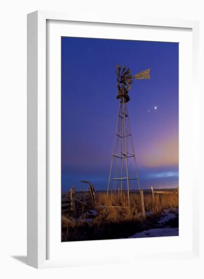Venus and Jupiter are Visible Behind an Old Farm Water Pump Windmill, Alberta, Canada-null-Framed Photographic Print