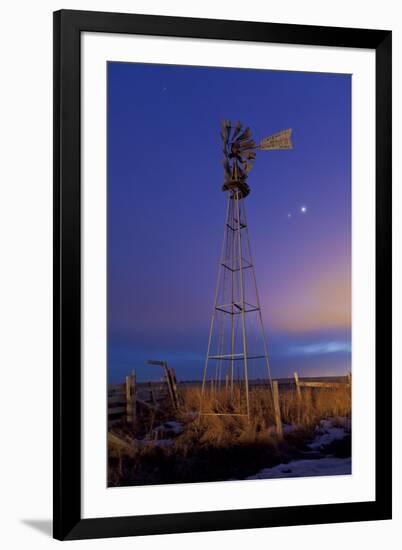 Venus and Jupiter are Visible Behind an Old Farm Water Pump Windmill, Alberta, Canada-null-Framed Photographic Print