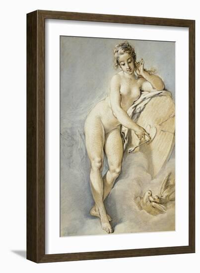 Venus Standing, Gesturing Towards a Heart on a Targe with Two Doves, 1754-Francois Boucher-Framed Giclee Print