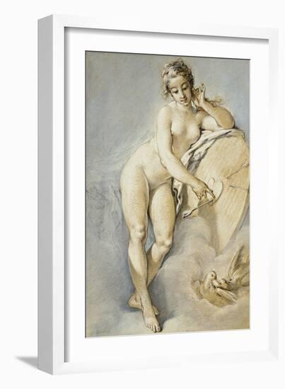 Venus Standing, Gesturing Towards a Heart on a Targe with Two Doves, 1754-Francois Boucher-Framed Giclee Print