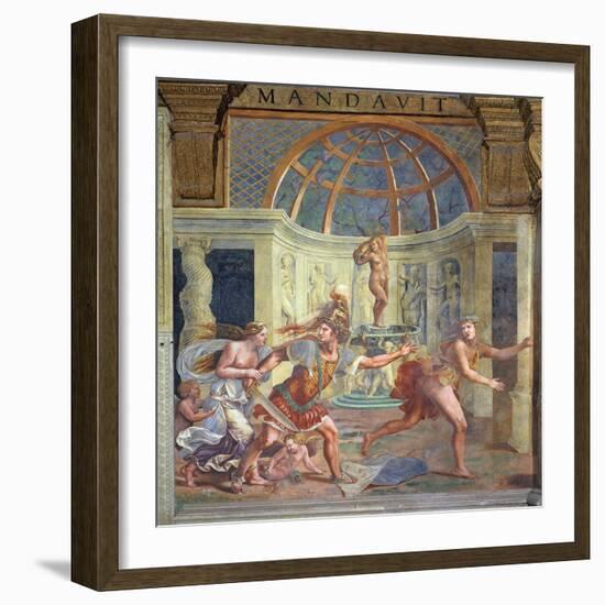 Venus, Whose Pricked Foot Stains the Petals of a Rose Red, with Mars Who Pursues Adonis-Giulio Romano-Framed Giclee Print