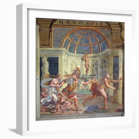 Venus, Whose Pricked Foot Stains the Petals of a Rose Red, with Mars Who Pursues Adonis-Giulio Romano-Framed Giclee Print