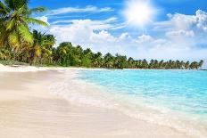 Tropical Beach, Turquoise Sea Water, Ocean Wave, Yellow Sand, Green Palms, Sun Blue Sky, White Clou-Vera NewSib-Framed Photographic Print