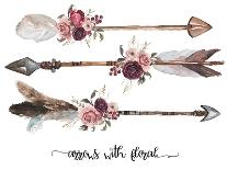 Watercolor Ethnic Boho Set of Arrows, Feathers and Flowers, Native American Tribe Decoration Print-VerisStudio-Stretched Canvas