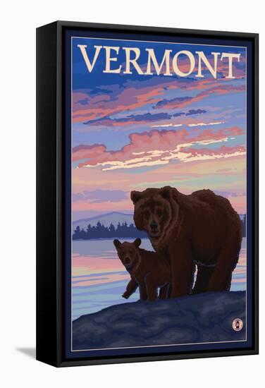 Vermont - Bear and Cub-Lantern Press-Framed Stretched Canvas