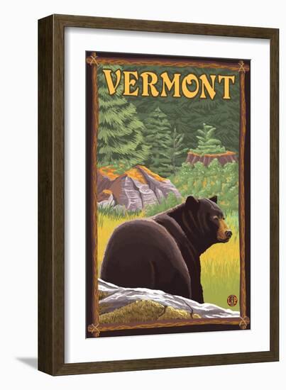 Vermont - Black Bear in Forest-Lantern Press-Framed Art Print