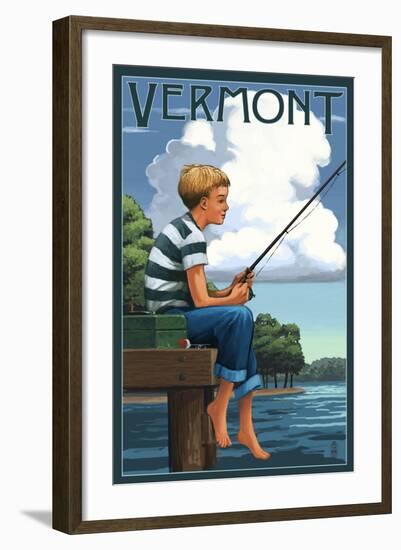 Vermont - Boy Fishing-Lantern Press-Framed Art Print