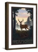 Vermont - Deer and Sunrise-Lantern Press-Framed Art Print