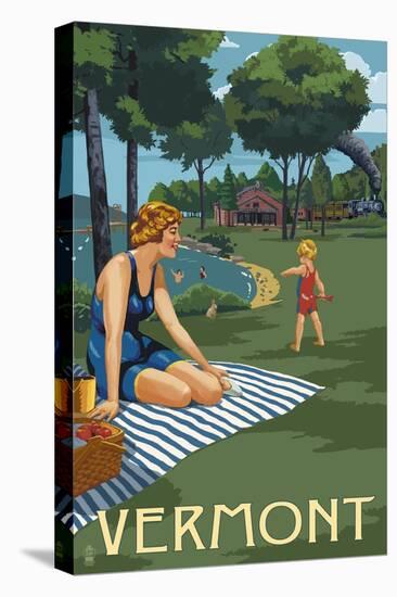 Vermont - Lake and Picnic Scene-Lantern Press-Stretched Canvas