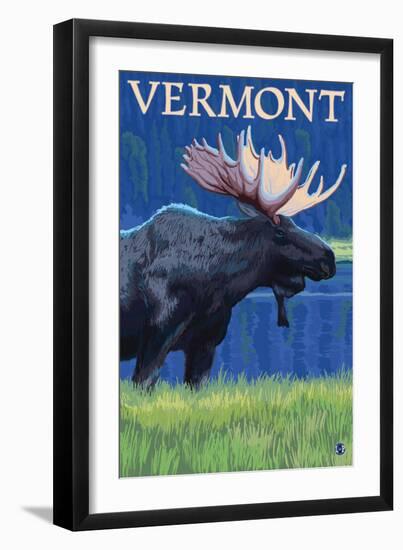 Vermont - Moose in the Moonlight-Lantern Press-Framed Art Print