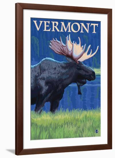 Vermont - Moose in the Moonlight-Lantern Press-Framed Art Print