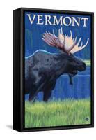 Vermont - Moose in the Moonlight-Lantern Press-Framed Stretched Canvas