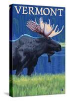 Vermont - Moose in the Moonlight-Lantern Press-Stretched Canvas