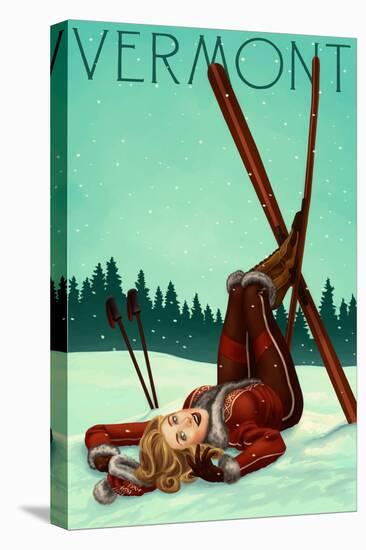 Vermont - Pinup Skier-Lantern Press-Stretched Canvas