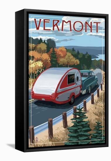 Vermont - Retro Camper on Road-Lantern Press-Framed Stretched Canvas