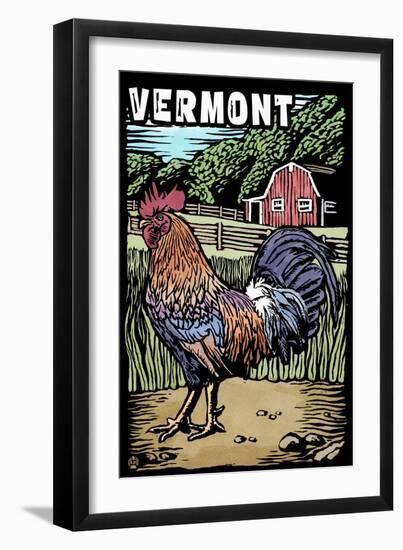 Vermont - Rooster - Scratchboard-Lantern Press-Framed Art Print