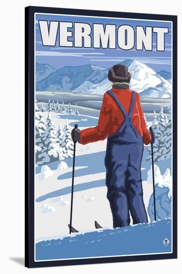 Vermont - Skier Admiring View-Lantern Press-Stretched Canvas