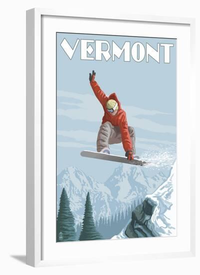 Vermont - Snowboarder Jumping-Lantern Press-Framed Art Print