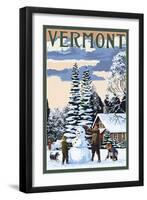 Vermont - Snowman Scene-Lantern Press-Framed Art Print