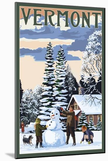 Vermont - Snowman Scene-Lantern Press-Mounted Art Print